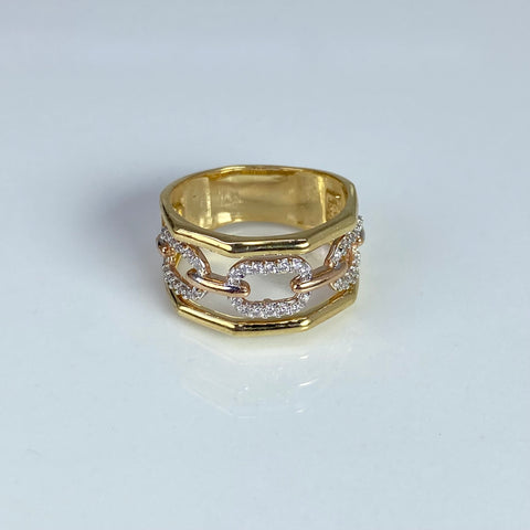 Anillo Cajón Circones Blancos Oro amarillo y Oro rosa 18k / Talla 7 / 5,22 Gr †