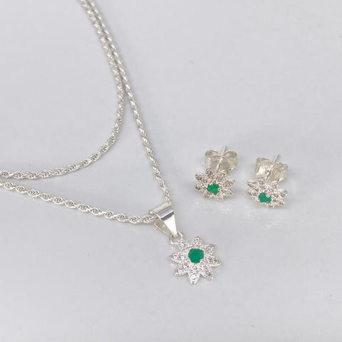 Set Cadena Lazo + Dije Topos Flor Esmeraldas Circones Plata 925 4,8 Gr / 1,3 mm / 50 Cm *