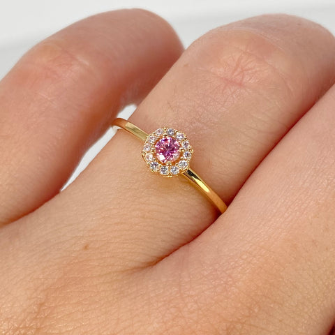 Anillo Solitario Flor Circones Blancos Rosa Oro amarillo / Talla 6 3/4 / 1,52 Gr †