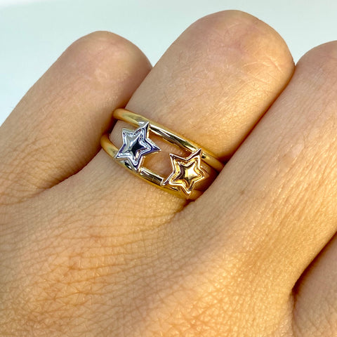 Anillo Estrellas Doble  Línea Tres oros 18k / Talla 7 1/2 / 1,83 Gr †