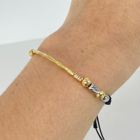 Pulsera tejida Tubo Entorchado BD 5mm 4uni Cilindros 6uni Hilo Negro Tres oros 18k 1,5 Gr *