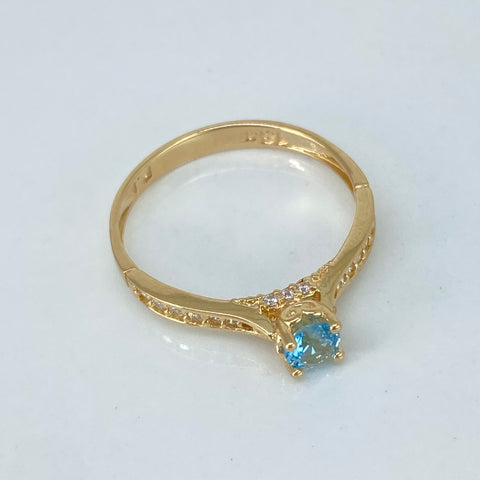 Anillo Solitario Circon Celeste Blanco Oro amarillo / Talla 6 3/4 / 2,05 Gr †