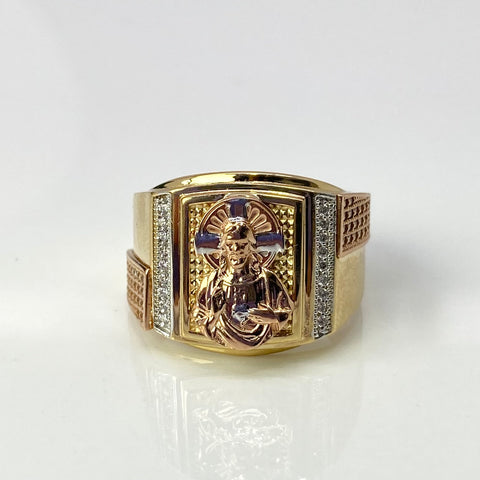 Anillo Cuadro Cruz Cristo Circones Blancos Tres oros 18k / Talla 9 1/2 / 10,00 Gr