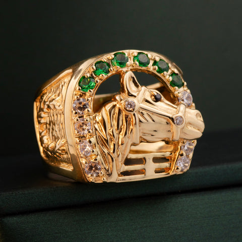 Anillo Caballo Circones Blancos Verdes Oro amarillo / Talla 10 1/2 / 10,6 Gr *