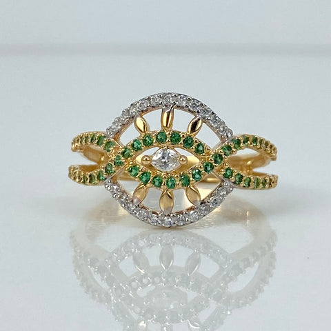 Anillo Ojo Circones Blancos Verdes Oro amarillo 18k / Talla 6 1/2 / 2,61 Gr