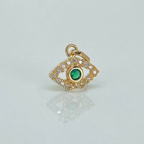 Dije Ojo Circones Blancos Verde Oro amarillo 18k 0,9 Gr / 1,6 Cm  *