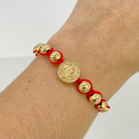 Pulsera tejida Herraje San Benito / BD 8uni 7mm 6mm / Hilo Rojo Oro amarillo 18k 2,17 Gr *