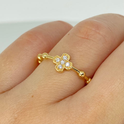 Anillo Bolas Cruz Circones Blancos  Oro amarillo 18k / Talla 7 / 2,15 Gr †