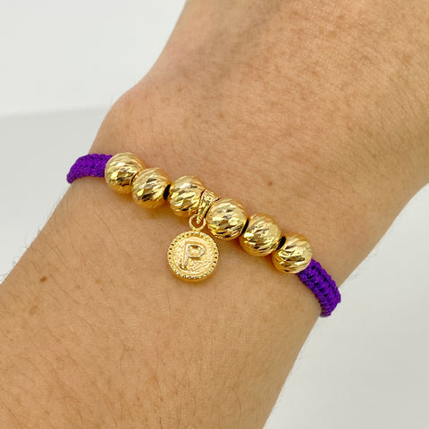 Pulsera tejida Dije Letra P / BD 6uni 7mm / Hilo Morado Oro amarillo 18k 1,65 Gr *