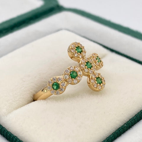 Anillo Cruz Circones Blancos Y Verdes Oro amarillo 18k / Talla 6 3/4 / 2,35 Gr
