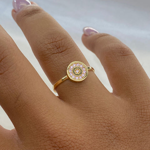 Anillo Circulo con Circones Rosados Oro amarillo 18k / Talla 8 / 1,68 Gr