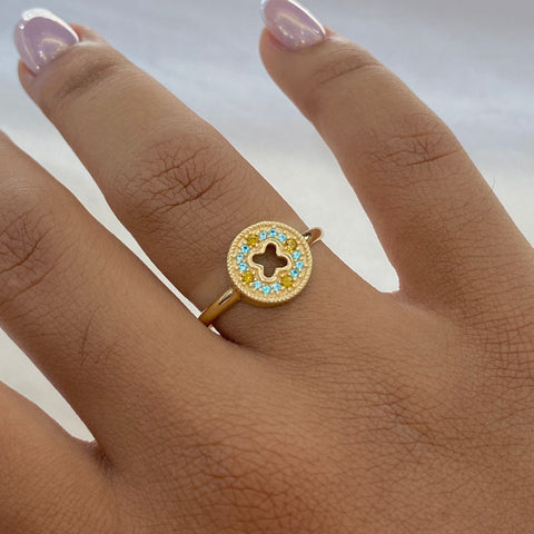 Anillo Circulo con Circones Azules y Amarillos Oro amarillo 18k / Talla 8 1/2 / 2,35 Gr