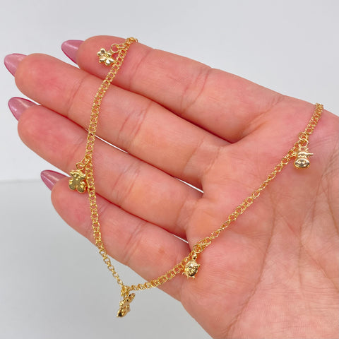 Tobillera Aro Seguido Dijes Mariposa/Oso/Elefante/Tortuga/Vaca/Mariquita Oro amarillo 3,60 Gr / 2,2 mm / 26 Cm