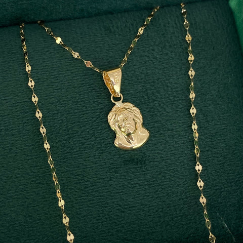 Set Cadena ● Flor Espejo Crispeta + Dije Rostro Cristo Oro amarillo 18k 1,48 Gr / 1,5 mm / 50 Cm *