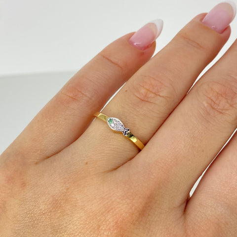 Anillo Pez Circones Blancos Verde Oro amarillo y Oro blanco 18k / Talla 6 1/4 / 1,73 Gr