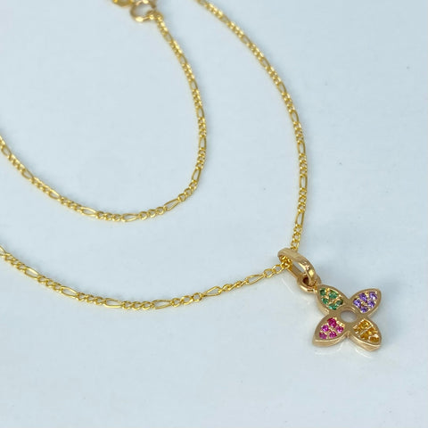 Set Cadena ● Tres Por Uno + Dije Flor Circones Blancos Oro amarillo 18k 1,9 Gr / 1,2 mm / 45 Cm *