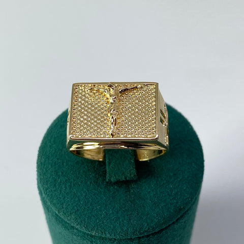 Anillo Cristo Fondo Diamantado Oro amarillo 18k / Talla 10 1/2 / 11,44 Gr
