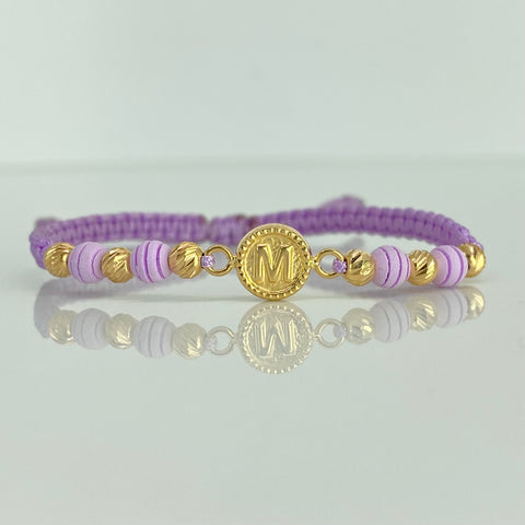 Pulsera tejida Herrale Letra M / 6uni 4mm / Hilo Lila Neopreonos Oro amarillo 18k 0,92 Gr *