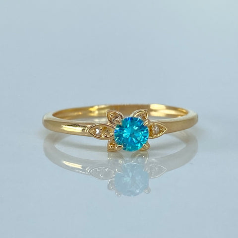Anillo Solitario Flor Circones Blancos Azul Oro amarillo / Talla 7 / 1,87 Gr *