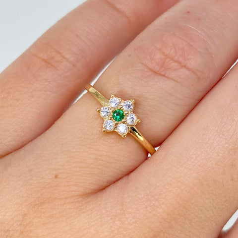 Anillo Flor Circones Blancos Verde Oro amarillo / Talla 5 1/4 / 1,85 Gr †