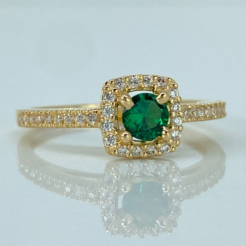 Anillo Solitario Cuadrado Circones Blancos Verde Oro amarillo / Talla 6 1/4 / 2,12 Gr †