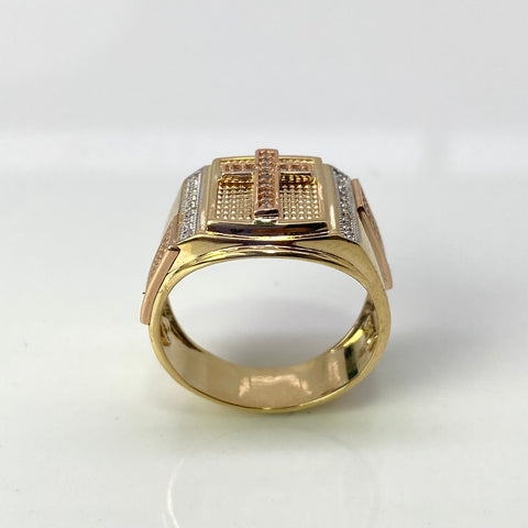 Anillo Cruz Fondo Diamantado Circones Blancos Tres oros 18k / Talla 10 1/4 / 9 Gr