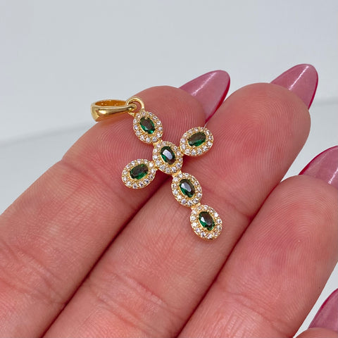 Dije Cruz Circones Ovalados Verdes Blancos Oro amarillo 1,95 Gr / 3,3 Cm