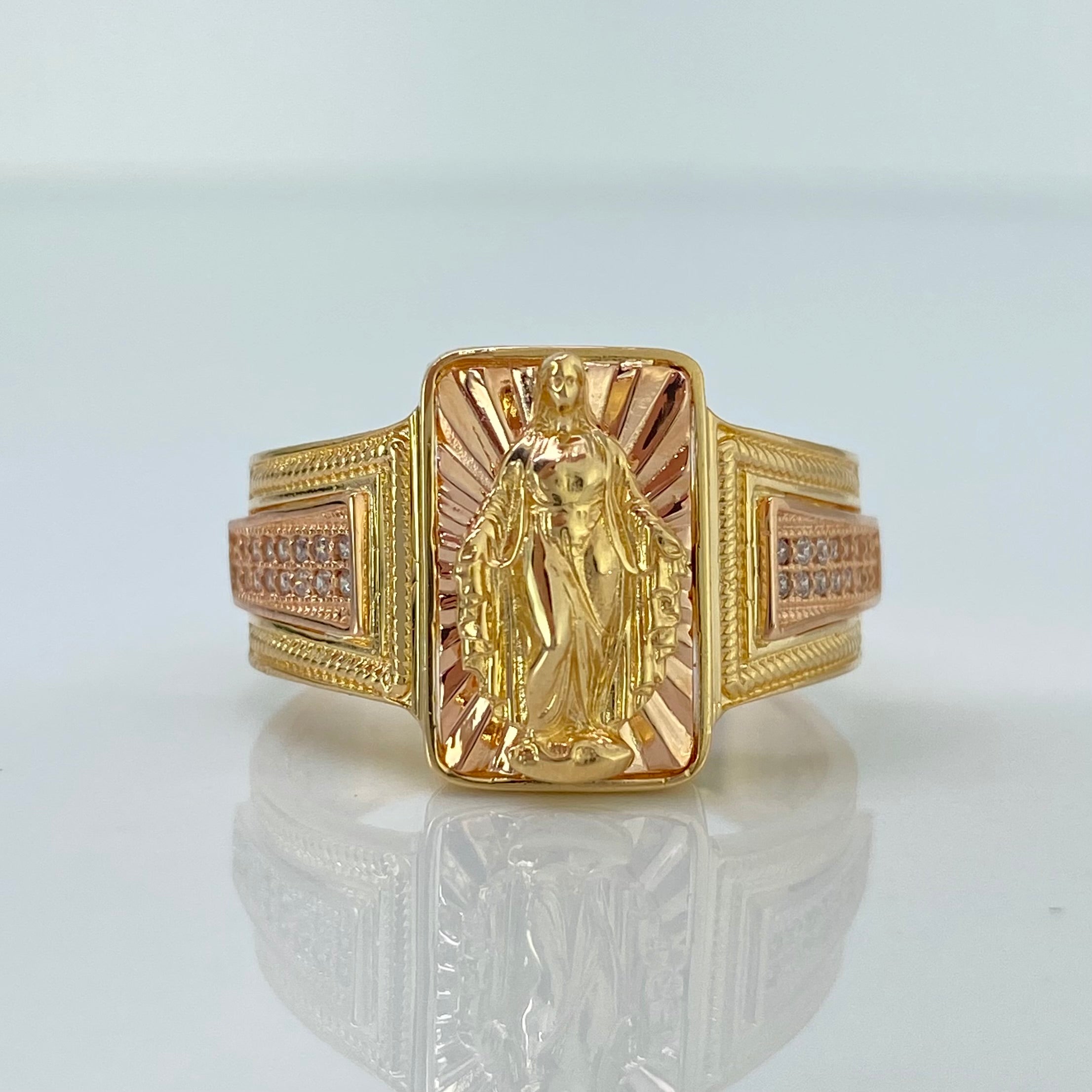 Anillo Virgen Milagrosa Fondo Diamantado Oro amarillo y Oro rosa