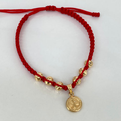 Pulsera tejida Dije San Benito / BD 6uni 5mm / Hilo Rojo Oro amarillo 18k 1,0 Gr *