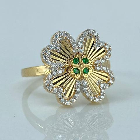 Anillo Trebol Circones Blancos Verdes Oro amarillo / Talla 7 3/4 / 4,2 Gr