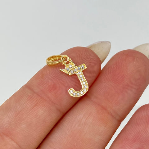 Dije Corona Letra J Circones Blancos Oro amarillo 18k 0,8 Gr / 2,2 Cm *