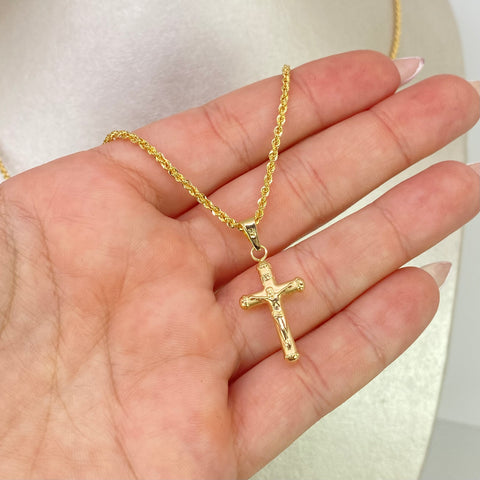 Set Cadena ● Lazo + Dije Cruz Cristo Oro amarillo 18k 3,05 Gr / 2 mm / 60 Cm †