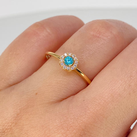 Anillo Solitario Flor Circones Blancos Azul Oro amarillo / Talla 8 / 1,58 Gr †