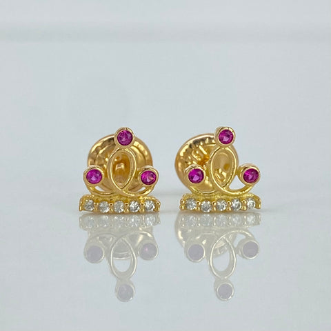 Topos Corona Circones Blancos Fucsias Oro amarillo 18k 0,89 Gr / 6,7 mm  *