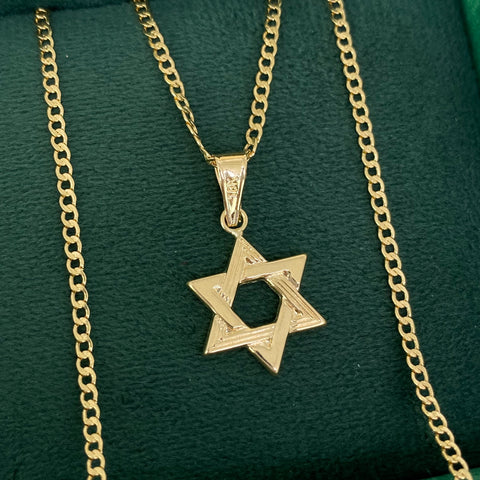 Set Cadena ● Cubana + Dije Estrella David Oro amarillo 18k 3,05 Gr / 2 mm / 60 Cm *
