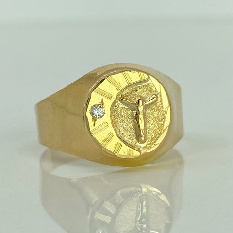 Anillo Sello Ovalado Luna Cristo Circon Blanco Oro amarillo 18k / Talla 12 / 3,61 Gr