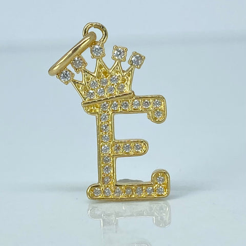 Dije Letra E Corona Circones Blancos Oro amarillo 1,9 Gr / 2,6 Cm *
