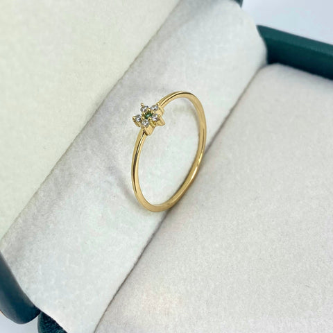 Anillo Flor Circones Blancos y Verde Oro amarillo 18k / Talla 6 3/4 / 0,87 Gr