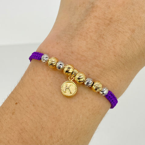 Pulsera tejida DIje Letra K / BD 8uni 5mm 6mm / Hilo Morado Oro amarillo y Oro blanco 18k 1,48 Gr *