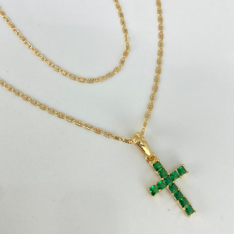 Set Cadena ● Plana + Dije Cruz Circones Verdes Tres oros 18k 2,87 Gr / 1,2 mm / 45 Cm †