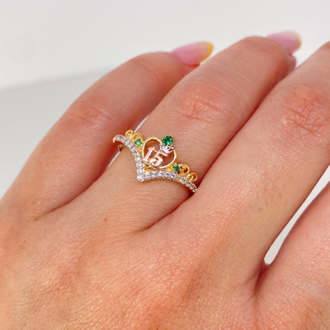 Anillo Tiara 15años Circones Blancos Verdes Tres oros / Talla 7 1/4 / 2 Gr †