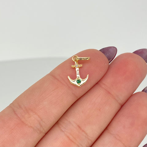 Dije Ancla Circones Blancos Verde Oro amarillo 18k 0,67 Gr / 1,8 Cm  *