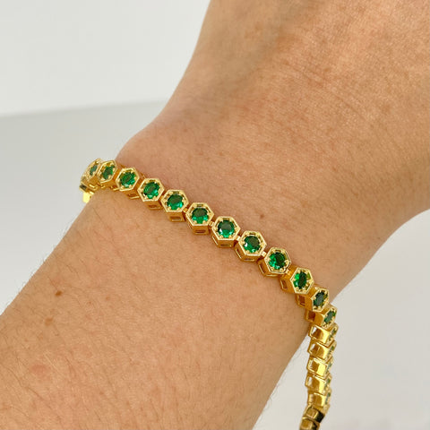 Pulso Tennis Circones Verdes NAC ESP Oro amarillo 18k +1 / 17,78 Gr / 5,1 mm / 17,2 Cm †
