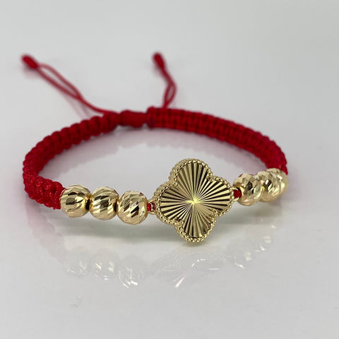 Pulsera tejida Herraje Trebol / BD 6uni 6mm / Hilo Rojo Oro amarillo 18k 3,03 Gr *