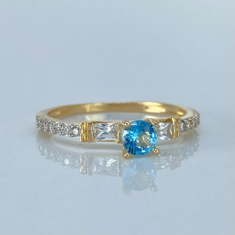 Anillo Solitario Circones Blancos Azules Oro amarillo / Talla 7 1/4 / 1,82 Gr *