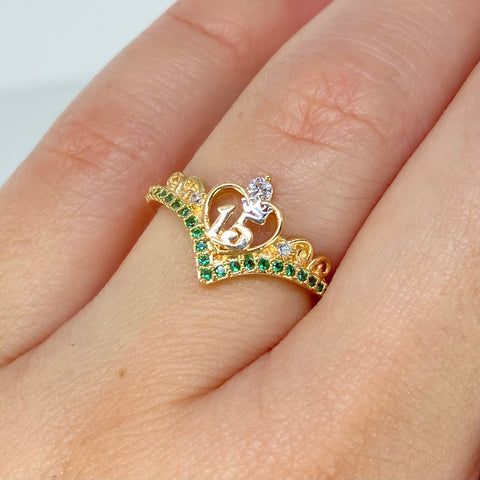 Anillo Tiara 15años Circones Verdes Blancos Oro amarillo y Oro blanco / Talla 6 1/4 / 2,1 Gr