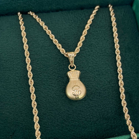Set Cadena Lazo + Dije Bolsa Dinero  Oro amarillo 18k 4 Gr / 2 mm / 60 Cm  †