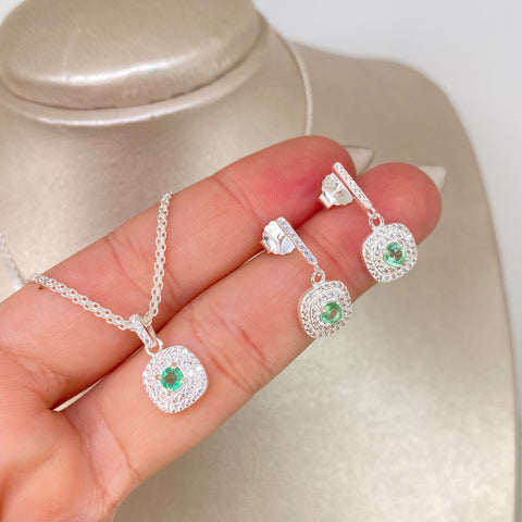 Set Cadena China + Dije Esmeralda + Topos Esmeraldas Plata 925 5,86 Gr / 1,6 mm / 50 Cm *