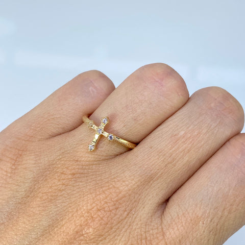 Anillo Cruz Circones Blancos Oro amarillo 18k / Talla 6 3/4 / 1,82 Gr †