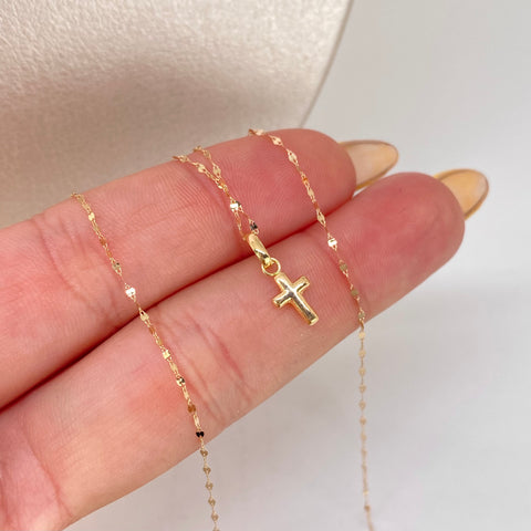 Set Cadena ● Crispeta + Dije Cruz Oro amarillo 18k 0,55 Gr / 1 mm / 50 Cm